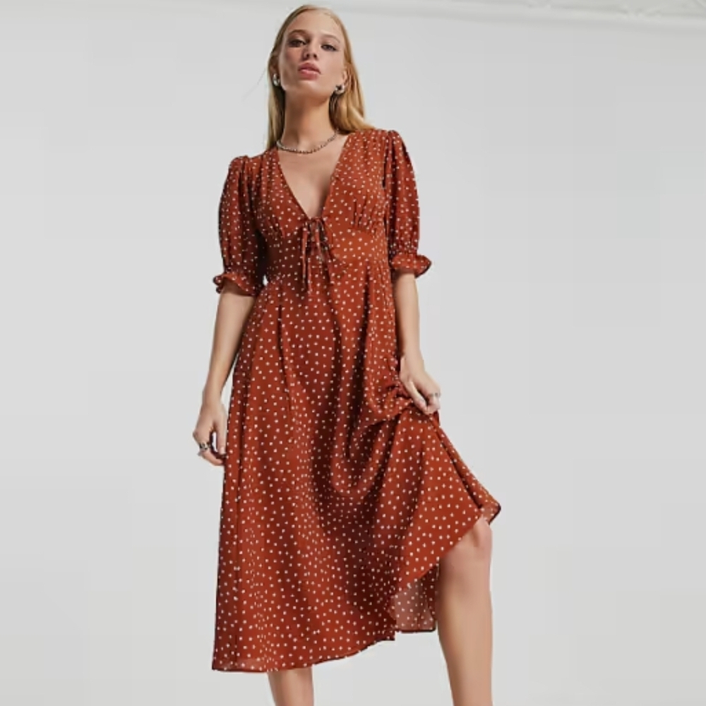 ASOS Orange Puff Sleeve Midi Dress